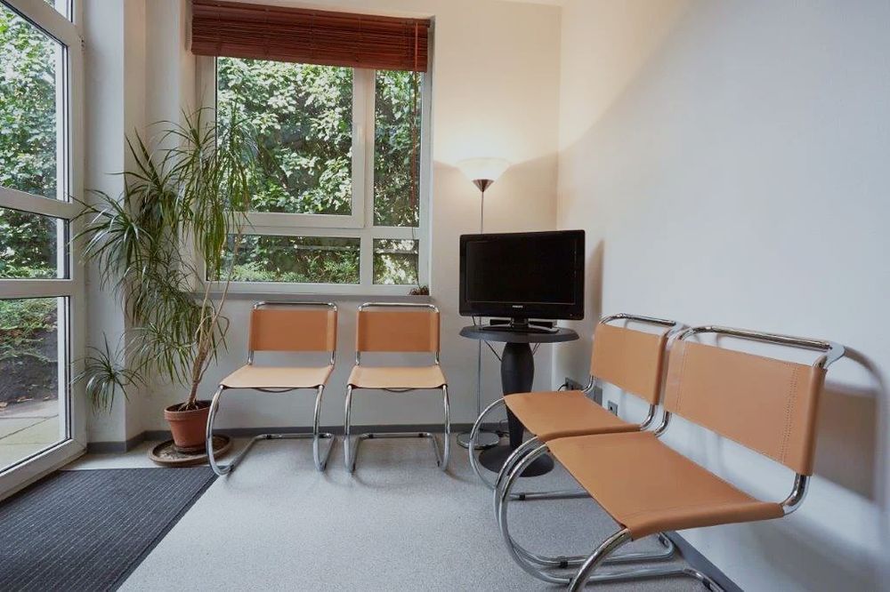 Wartebereich mit Lederstühlen, Pflanze und Blick ins Grüne
